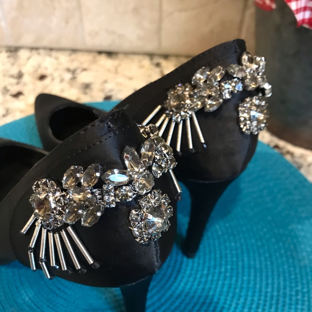 Anthropology Farylrobin Black Satin Jeweled Heels